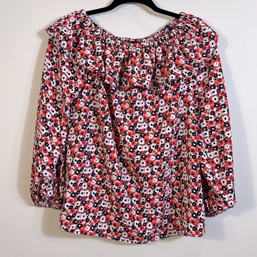 Michael Kors NWT Floral Spring Red Blue Off the Shoulder Longsleeve Blouse Small